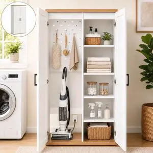 68" Wooden Broom Closet Storage Cabinet with Perforated Wood Panel and Doors, Large Utility Cabinet Built-in Bottom Openwork for Charging Device, Elegant Cleaning Storage Solution for Garage, Laundry 68" Wooden Broom Closet Storage Cabinet with Perforated Wood Panel and Doors, Large Utility Cabinet Built-in Bottom Openwork for Charging Device, Elegant Cleaning Storage Solution for Garage, Laundry
