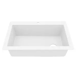 QT-670 Drop-In/Top Mount 33" Single Bowl Granite Quartz Composite Kitchen Sink in White Right Side Drain, Extra Deep 9" Basin, Heat & Scratch Resistant, Sound Dampening QT-670 Drop-In/Top Mount 33" Single Bowl Granite Quartz Composite Kitchen Sink in White Right Side Drain, Extra Deep 9" Basin, Heat & Scratch Resistant, Sound Dampening