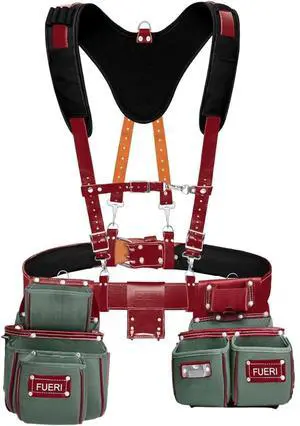 Tool Belt for Men made with Heavy Duty 1680-D Double Layer Nylon & Grain Leather comes with Suspender, Adjustable Padded Belt, 19 Pockets pouches, and a Hammer Holder | Framers, Construction Tool Belt for Men made with Heavy Duty 1680-D Double Layer Nylon & Grain Leather comes with Suspender, Adjustable Padded Belt, 19 Pockets pouches, and a Hammer Holder | Framers, Construction