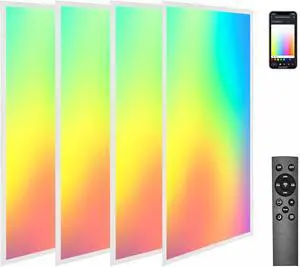 4 Pack 2X4 FT LED RGBW 5000K Multicolor Flat Panel, Light Remote & App Controlled 60W 6600lm Color Changing LED Panel Light Smart Wi-Fi Drop Ceiling Light with Alexa/Google Assistant 4 Pack 2X4 FT LED RGBW 5000K Multicolor Flat Panel, Light Remote & App Controlled 60W 6600lm Color Changing LED Panel Light Smart Wi-Fi Drop Ceiling Light with Alexa/Google Assistant