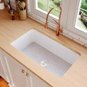 Undermount Kitchen Sink 32 inch, White Fireclay Farmhouse Sinks, Single Bowl Deep Drop-in Kitchen Sink with Bottom Grid & Strainer, Heavy Duty Solid Fireclay Undermount Kitchen Sink 32 inch, White Fireclay Farmhouse Sinks, Single Bowl Deep Drop-in Kitchen Sink with Bottom Grid & Strainer, Heavy Duty Solid Fireclay