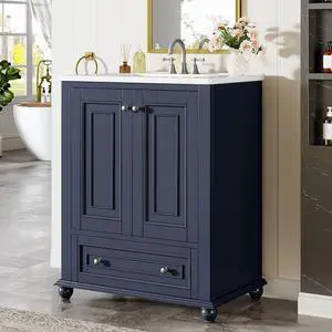 24" Bathroom Vanity with Ceramic Sink Combo, Freestanding Bathroom Storage Vanity Cabinet with 2 Doors & 1 Drawer, Solid Wooden Frame & Coated Surface, Metal Handle, Navy Blue 24" Bathroom Vanity with Ceramic Sink Combo, Freestanding Bathroom Storage Vanity Cabinet with 2 Doors & 1 Drawer, Solid Wooden Frame & Coated Surface, Metal Handle, Navy Blue