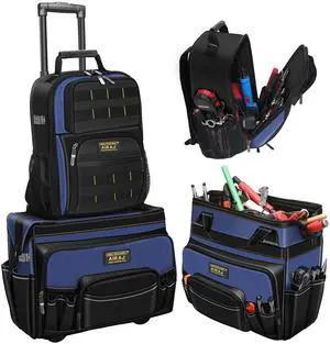 21" Rolling Tool Bag with Wheels & 18" Tool Backpack Set | Adjustable Telescoping Handle | Waterproof Tool Bag | Tool Backpack Heavy Duty | 1680D Oxford Cloth | USB Charging Port | 55 Pockets 21" Rolling Tool Bag with Wheels & 18" Tool Backpack Set | Adjustable Telescoping Handle | Waterproof Tool Bag | Tool Backpack Heavy Duty | 1680D Oxford Cloth | USB Charging Port | 55 Pockets
