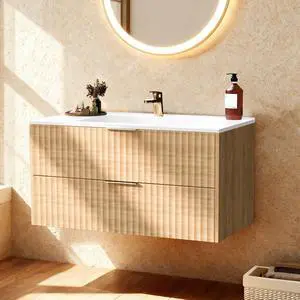 24 Inch Bathroom Vanity with Sink, Modern Floating Bathroom Vanity with Resin Sink, 2 Large Storage Darwers, Wood Grain Texture Wall Mounted Vanity, Gold Handles 24 Inch Bathroom Vanity with Sink, Modern Floating Bathroom Vanity with Resin Sink, 2 Large Storage Darwers, Wood Grain Texture Wall Mounted Vanity, Gold Handles