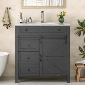 36 Inch Bathroom Vanity with 4 Drawers and Sliding Door, Freestanding Bathroom Storage Cabinet with Sink Combo, Vintage Vanity Cabinet with Ceramic Sink, Faucet, Drain, Grey 36 Inch Bathroom Vanity with 4 Drawers and Sliding Door, Freestanding Bathroom Storage Cabinet with Sink Combo, Vintage Vanity Cabinet with Ceramic Sink, Faucet, Drain, Grey