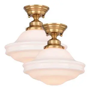 2-Pack Huntley 12 inch Semi-Flush Ceiling Light, Farmhouse Style, Schoolhouse, White Milk Glass, Natural Brass Finish, Dimmable, E26 Bulb Compatible, Damp Rated 2-Pack Huntley 12 inch Semi-Flush Ceiling Light, Farmhouse Style, Schoolhouse, White Milk Glass, Natural Brass Finish, Dimmable, E26 Bulb Compatible, Damp Rated