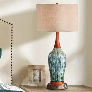 Rocco Mid Century Modern Table Lamp with USB and AC Power Outlet Workstation Charging Base Handmade 30" Tall Blue Ceramic Tan Drum Shade for Living Room Bedroom (Color May Vary) Rocco Mid Century Modern Table Lamp with USB and AC Power Outlet Workstation Charging Base Handmade 30" Tall Blue Ceramic Tan Drum Shade for Living Room Bedroom (Color May Vary)