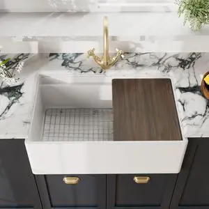White Kitchen Sink 30 inch Single Bowl Apron Front Farmhouse Sink with Ledge, Grid and Cutting Board, Fireclay Ceramic Kitchen Sinks, Farmhouse Sinks for Kitchens - 30x19x10" (White) White Kitchen Sink 30 inch Single Bowl Apron Front Farmhouse Sink with Ledge, Grid and Cutting Board, Fireclay Ceramic Kitchen Sinks, Farmhouse Sinks for Kitchens - 30x19x10" (White)