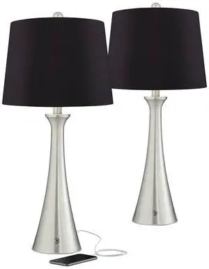 Karl Modern Table Lamps 27.5" Tall Set of 2 with USB and AC Power Outlet in Base Brushed Nickel Metal Black Drum Shade for Living Room Bedroom House Bedside Nightstand Home Karl Modern Table Lamps 27.5" Tall Set of 2 with USB and AC Power Outlet in Base Brushed Nickel Metal Black Drum Shade for Living Room Bedroom House Bedside Nightstand Home