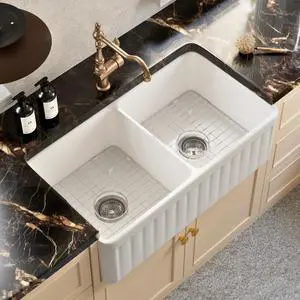 33 Inch Double Bowl Farmhouse Sink White, 50/50 Split Farm Kitchen Sinks, 33"W×18"D Apron Front Farmhouse Sink With Custom Accessories 33 Inch Double Bowl Farmhouse Sink White, 50/50 Split Farm Kitchen Sinks, 33"W×18"D Apron Front Farmhouse Sink With Custom Accessories