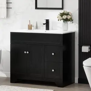 36" Bathroom Vanity with Sink Combo, Modern Bathroom Storage Vanities Set with 2 Drawers and 1 Soft Closing Door, Undermount Sink, Faucet & Pop Up Drain Set, Black 36" Bathroom Vanity with Sink Combo, Modern Bathroom Storage Vanities Set with 2 Drawers and 1 Soft Closing Door, Undermount Sink, Faucet & Pop Up Drain Set, Black