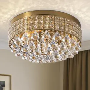4 Lights Brass Crystal Chandelier, Modern Drum Ceiling Light Fixture, Raindrop Flush Mount Round Metal Shade, for Dining Room, Living Room, Bathroom, Bedroom 4 Lights Brass Crystal Chandelier, Modern Drum Ceiling Light Fixture, Raindrop Flush Mount Round Metal Shade, for Dining Room, Living Room, Bathroom, Bedroom