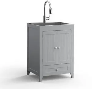 24-Inch Laundry Sink with Cabinet and Pull-Out Sprayer Faucet, Stainless Steel Utility Sink with Cabinet, Grey Cabinet with Sink for Laundry & Utility Room, Kitchen, Bathroom, Basement 24-Inch Laundry Sink with Cabinet and Pull-Out Sprayer Faucet, Stainless Steel Utility Sink with Cabinet, Grey Cabinet with Sink for Laundry & Utility Room, Kitchen, Bathroom, Basement