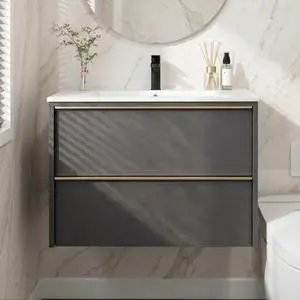 30 Inch Bathroom Vanity with Sink Combo, Modern Floating Bathroom Vanity with 2 Soft Close Drawers, Wooden Wall Mounted Cabinet with Large Storage and Metal Handles for Small Spaces, Gray 30 Inch Bathroom Vanity with Sink Combo, Modern Floating Bathroom Vanity with 2 Soft Close Drawers, Wooden Wall Mounted Cabinet with Large Storage and Metal Handles for Small Spaces, Gray