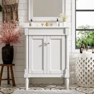 24 Inch White Bathroom Vanity with Ceramic Sink & Intergrated Countertop,Vintage Bathroom Vanity with 2 Doors with Silver Knobs,Adjustable Shelf,Solid Wood Rome Pillar Legs 24 Inch White Bathroom Vanity with Ceramic Sink & Intergrated Countertop,Vintage Bathroom Vanity with 2 Doors with Silver Knobs,Adjustable Shelf,Solid Wood Rome Pillar Legs