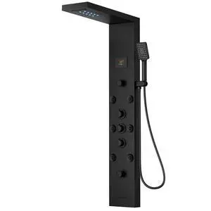 Black Shower Panel Tower System Stainless Steel LED Rainfall Waterfall Shower Head 5-Function Faucet Rain Massage System Wall Mount with 8 Body Jets, Handheld, and Tub Spout Black Shower Panel Tower System Stainless Steel LED Rainfall Waterfall Shower Head 5-Function Faucet Rain Massage System Wall Mount with 8 Body Jets, Handheld, and Tub Spout