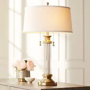 Rolland Traditional Table Lamp 30" Tall Antique Brass Glass Column Off White Tapered Drum Shade Decor for Living Room Bedroom House Bedside Nightstand Home Office Entryway Rolland Traditional Table Lamp 30" Tall Antique Brass Glass Column Off White Tapered Drum Shade Decor for Living Room Bedroom House Bedside Nightstand Home Office Entryway
