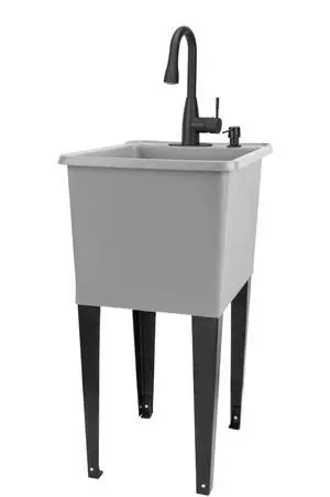 Grey Space Saver Utility Sink by, Freestanding Tehila Space Saving Laundry Tub, Matte Black Pull-Down Faucet, Soap Dispenser Grey Space Saver Utility Sink by, Freestanding Tehila Space Saving Laundry Tub, Matte Black Pull-Down Faucet, Soap Dispenser