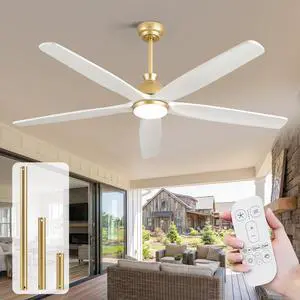 60 Inch White Outdoor Ceiling Fan with Light, Modern Gold Finish 5 Soild Wood Blade, Damp Rated High CFM, Remote Control, Quiet Reversible DC Motor, for Living Room Exterior Patio Porch, 3 Downrod 60 Inch White Outdoor Ceiling Fan with Light, Modern Gold Finish 5 Soild Wood Blade, Damp Rated High CFM, Remote Control, Quiet Reversible DC Motor, for Living Room Exterior Patio Porch, 3 Downrod
