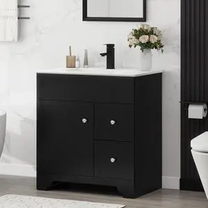 30" Bathroom Vanity with Sink Combo, Modern Bathroom Storage Vanities Set with 2 Drawers and 1 Soft Closing Door, Ceramic Undermount Sink, Faucet & Pop Up Drain Set, Black 30" Bathroom Vanity with Sink Combo, Modern Bathroom Storage Vanities Set with 2 Drawers and 1 Soft Closing Door, Ceramic Undermount Sink, Faucet & Pop Up Drain Set, Black