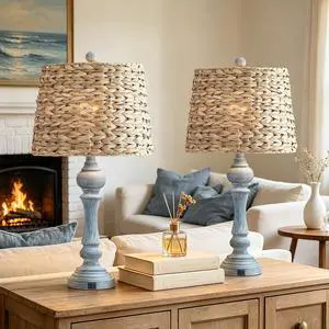 26" Boho Rattan Table Lamps Set of 2 with USB A+C Ports, Coastal Bedside Lamps with Rattan Shade, Distressed Antique Blue Farmhouse Wicker Lamps, Rustic Resin Nightstand Lamps for Living Room 26" Boho Rattan Table Lamps Set of 2 with USB A+C Ports, Coastal Bedside Lamps with Rattan Shade, Distressed Antique Blue Farmhouse Wicker Lamps, Rustic Resin Nightstand Lamps for Living Room