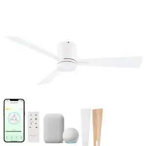 Bali 52in 3-Blade Smart Indoor or Outdoor Flush Mount Ceiling Fan 2700K-6000K CCT Tunable Range LED Light Kit in Matte White with Reversible White and Natural Wood Blades Works With iOS or Android App Bali 52in 3-Blade Smart Indoor or Outdoor Flush Mount Ceiling Fan 2700K-6000K CCT Tunable Range LED Light Kit in Matte White with Reversible White and Natural Wood Blades Works With iOS or Android App