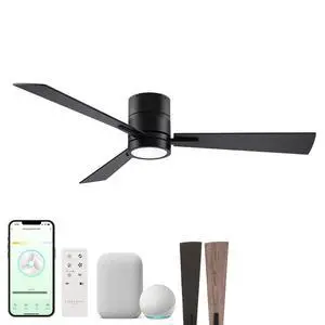Bali 52in 3-Blade Smart Indoor or Outdoor Flush Mount Ceiling Fan 2700K-6000K CCT Tunable Range LED Light Kit in Matte Black with Reversible Black and Weathered Wood Blades Works With iOS or Android Bali 52in 3-Blade Smart Indoor or Outdoor Flush Mount Ceiling Fan 2700K-6000K CCT Tunable Range LED Light Kit in Matte Black with Reversible Black and Weathered Wood Blades Works With iOS or Android
