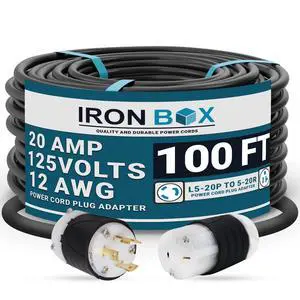 IronBox Electric NEMA L5-20P to 5-20R Power Cord Plug Adapter - 20A, 125V,12 AWG - UL Listed Heavy Duty Adapter Cable for Generator, Data Centers, Computers, Outdoor Event & More (Custom Built, 100ft) IronBox Electric NEMA L5-20P to 5-20R Power Cord Plug Adapter - 20A, 125V,12 AWG - UL Listed Heavy Duty Adapter Cable for Generator, Data Centers, Computers, Outdoor Event & More (Custom Built, 100ft)
