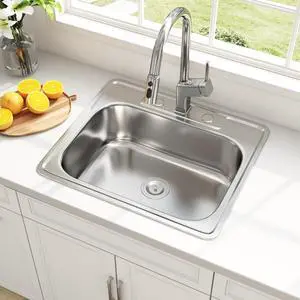 25x22 Drop In Single Bowl 25 Inch Topmount Kitchen Sink | 304 Stainless Steel, 18 Gauge Thickness, Three Holes with Cover, U Channel for Fixed, Strainer Included, 25" x 22" x 8" 25x22 Drop In Single Bowl 25 Inch Topmount Kitchen Sink | 304 Stainless Steel, 18 Gauge Thickness, Three Holes with Cover, U Channel for Fixed, Strainer Included, 25" x 22" x 8"