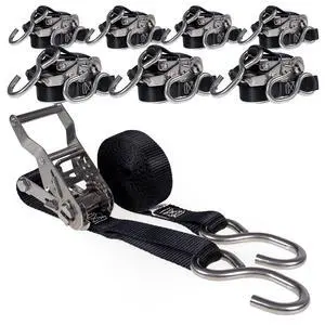 Stainless Steel Ratchet Straps with S-Hooks 1" X 10' (8 Pack), 765 LBS Break Strength, Marine Tie Down Straps for Boats, ATVs, Trees, Camping, Snow, Saltwater Applications Stainless Steel Ratchet Straps with S-Hooks 1" X 10' (8 Pack), 765 LBS Break Strength, Marine Tie Down Straps for Boats, ATVs, Trees, Camping, Snow, Saltwater Applications