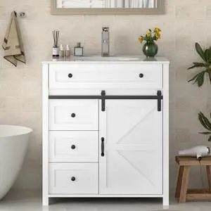 30 Inch Bathroom Vanity with 4 Drawers and Sliding Door, Freestanding Bathroom Storage Cabinet with Sink Combo, Vintage Vanity Cabinet with Ceramic Sink, Faucet, Drain, White 30 Inch Bathroom Vanity with 4 Drawers and Sliding Door, Freestanding Bathroom Storage Cabinet with Sink Combo, Vintage Vanity Cabinet with Ceramic Sink, Faucet, Drain, White
