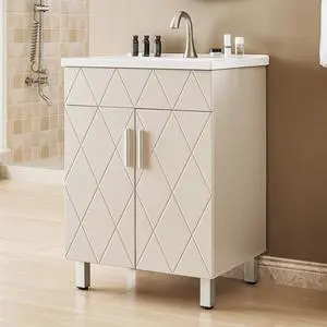 Bathroom Vanity with Sink 24 Inch, Modern Bathroom Cabinet with Diamond Pattern Doors, Ceramic Sink, Metal Legs, Small Bathroom Storage Vanity(Light Gray) Bathroom Vanity with Sink 24 Inch, Modern Bathroom Cabinet with Diamond Pattern Doors, Ceramic Sink, Metal Legs, Small Bathroom Storage Vanity(Light Gray)