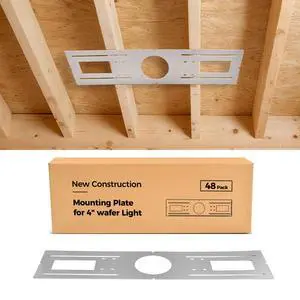 48-Pack New Construction Mounting Plate for 4 Inch LED Recessed Lighting, Rough-in Wafer Light Bracket, 26 Inch Length, Round Hole, Galvanized Metal Sheet 48-Pack New Construction Mounting Plate for 4 Inch LED Recessed Lighting, Rough-in Wafer Light Bracket, 26 Inch Length, Round Hole, Galvanized Metal Sheet