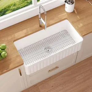 Solstice Fireclay Farmhouse Sinks, 35.6"L x 18"W Farmhouse Kitchen Sink White Large Single Bowl Farm Sink Reversible Apron Front with Sink Grid and Basket Strainer Solstice Fireclay Farmhouse Sinks, 35.6"L x 18"W Farmhouse Kitchen Sink White Large Single Bowl Farm Sink Reversible Apron Front with Sink Grid and Basket Strainer
