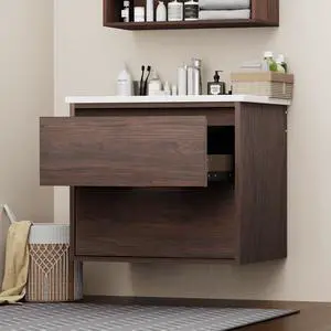 Floating Bathroom Vanity | 24-Inch Modern Walnut Color Finish, with Sink, 2 Drawers, Space-Saving Design for Small Bathrooms, Easy Installation Floating Bathroom Vanity | 24-Inch Modern Walnut Color Finish, with Sink, 2 Drawers, Space-Saving Design for Small Bathrooms, Easy Installation