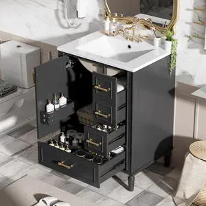 24 Inch Black Bathroom Vanity with Sink,Modern Bathroom Vanity with Gold Handles,2 Deep Drawers & Bottom Drawer with Dividers,Soft Closing Door with Organizer Shelf,Solid Wood Frame 24 Inch Black Bathroom Vanity with Sink,Modern Bathroom Vanity with Gold Handles,2 Deep Drawers & Bottom Drawer with Dividers,Soft Closing Door with Organizer Shelf,Solid Wood Frame