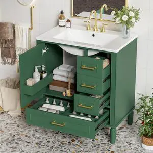 30 Inch Green Bathroom Vanity with Sink,Modern Bathroom Vanity with Gold Handles,2 Deep Drawers & Bottom Drawer with Dividers,Soft Closing Doors with Organizer Shelf,Solid Wood Frame-15 30 Inch Green Bathroom Vanity with Sink,Modern Bathroom Vanity with Gold Handles,2 Deep Drawers & Bottom Drawer with Dividers,Soft Closing Doors with Organizer Shelf,Solid Wood Frame-15