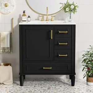 30 Inch Black Bathroom Vanity with Sink,Modern Bathroom Vanity with Gold Handles,2 Right Drawers & Bottom Drawer with Dividers,Soft Closing Doors with Organizer Shelf,Solid Wood Frame 30 Inch Black Bathroom Vanity with Sink,Modern Bathroom Vanity with Gold Handles,2 Right Drawers & Bottom Drawer with Dividers,Soft Closing Doors with Organizer Shelf,Solid Wood Frame
