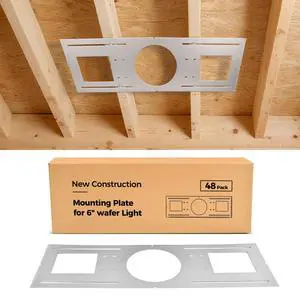 48-Pack New Construction Mounting Plate for 6 Inch LED Recessed Lighting, Rough-in Wafer Light Bracket, 26 Inch Length, Round Hole, Galvanized Metal Sheet 48-Pack New Construction Mounting Plate for 6 Inch LED Recessed Lighting, Rough-in Wafer Light Bracket, 26 Inch Length, Round Hole, Galvanized Metal Sheet