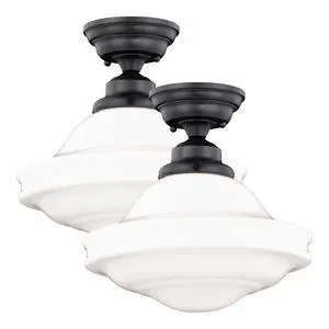 2-Pack Huntley 12 Inch Schoolhouse Semi Flush Light, Oil Rubbed Bronze Finish, White Milk Glass, Dimmable Ceiling Mounted Lighting 2-Pack Huntley 12 Inch Schoolhouse Semi Flush Light, Oil Rubbed Bronze Finish, White Milk Glass, Dimmable Ceiling Mounted Lighting