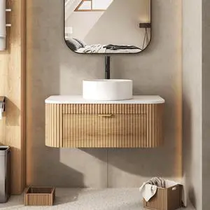 30 Inch Floating Bathroom Vanity with Sink Combo, Wall Mounted Vanity with Marble Look Wooden Countertop & Ceramic Sink, Modern Fluted Cabinet with Storage Drawer, Natural Wood Grain 30 Inch Floating Bathroom Vanity with Sink Combo, Wall Mounted Vanity with Marble Look Wooden Countertop & Ceramic Sink, Modern Fluted Cabinet with Storage Drawer, Natural Wood Grain