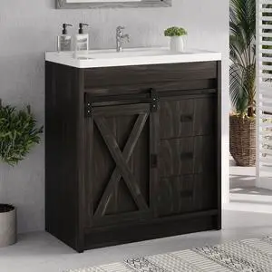 30" Farmhouse Bathroom Vanity with Sink, Small Bathroom Vanity Cabinet with 2 Drawers & Sliding Barn Door, Brown 30" Farmhouse Bathroom Vanity with Sink, Small Bathroom Vanity Cabinet with 2 Drawers & Sliding Barn Door, Brown