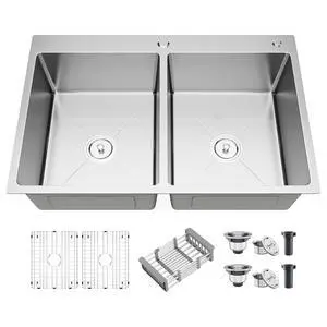 33 Inch Drop In Double Bowl Kitchen Sink with Nano Coating, 20 Gauge 304 Stainless Steel Topmount Kitchen Sink with Accessories 33 Inch Drop In Double Bowl Kitchen Sink with Nano Coating, 20 Gauge 304 Stainless Steel Topmount Kitchen Sink with Accessories