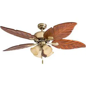 Ceiling Fans Royal Palm, 52 Inch Tropical LED Ceiling Fan with Light, Pull Chain, Three Mounting Options, Hand Carved Solid Wood Blades - Model 50504-01 (Aged Brass) Ceiling Fans Royal Palm, 52 Inch Tropical LED Ceiling Fan with Light, Pull Chain, Three Mounting Options, Hand Carved Solid Wood Blades - Model 50504-01 (Aged Brass)