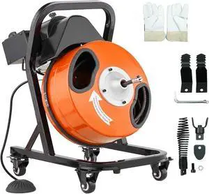 50FT x 1/2 Inch Drain Cleaner Machine, Electric Drain Auger on 4 Wheels for 1"-4" Pipes, Enclosed Metal Drum with 4 Cutters & Pneumatic Foot Switch, Sewer Snake Auger 50FT x 1/2 Inch Drain Cleaner Machine, Electric Drain Auger on 4 Wheels for 1"-4" Pipes, Enclosed Metal Drum with 4 Cutters & Pneumatic Foot Switch, Sewer Snake Auger