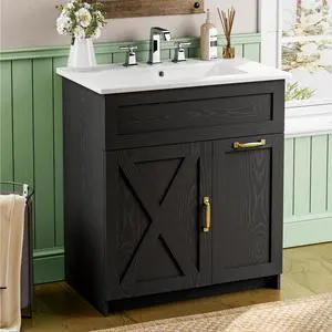 30" Bathroom Vanity with Sink, Solid Wood Frame Bathroom Cabinet, Bath Vanity Set with 2 Power Outlets, 2 USB Port, Switch Button, 2 Drawers & Soft-Close Doors with Organizers, Black 30" Bathroom Vanity with Sink, Solid Wood Frame Bathroom Cabinet, Bath Vanity Set with 2 Power Outlets, 2 USB Port, Switch Button, 2 Drawers & Soft-Close Doors with Organizers, Black