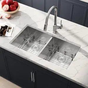 32 Inch Undermount 50/50 Double Bowl Handmade Kitchen Sink | 304 Stainless Steel, 16 Gauge Thickness, Strainer & Grid Included, X Drain Line Design, Large Capacity, 32" x 19" x 10" 32 Inch Undermount 50/50 Double Bowl Handmade Kitchen Sink | 304 Stainless Steel, 16 Gauge Thickness, Strainer & Grid Included, X Drain Line Design, Large Capacity, 32" x 19" x 10"