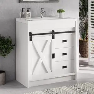 30" Farmhouse Bathroom Vanity with Sink, Small White Bathroom Vanity Cabinet with 2 Drawers & Sliding Barn Door, White 30" Farmhouse Bathroom Vanity with Sink, Small White Bathroom Vanity Cabinet with 2 Drawers & Sliding Barn Door, White
