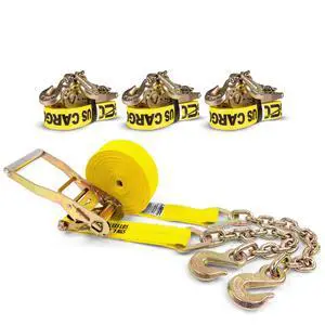 Chain Ratchet Straps 2 Inch x 27 Foot (4 Pack), 10,000 LBS Break Strength, Heavy Duty Ratchet Straps with Chains Ends & Grab Hooks, Heavy Equipment Tie-Downs, Tractor Tie Downs Chain Ratchet Straps 2 Inch x 27 Foot (4 Pack), 10,000 LBS Break Strength, Heavy Duty Ratchet Straps with Chains Ends & Grab Hooks, Heavy Equipment Tie-Downs, Tractor Tie Downs