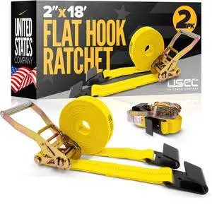 Flat Hook Ratchet Straps 2 Inch x 18 Foot (10-Pack), 10,000 LBS Break Strength, Yellow Heavy Duty Ratchet Straps with Black Flat Hooks for Trailers, Trucks, Moving, Vehicles, Pallets Flat Hook Ratchet Straps 2 Inch x 18 Foot (10-Pack), 10,000 LBS Break Strength, Yellow Heavy Duty Ratchet Straps with Black Flat Hooks for Trailers, Trucks, Moving, Vehicles, Pallets